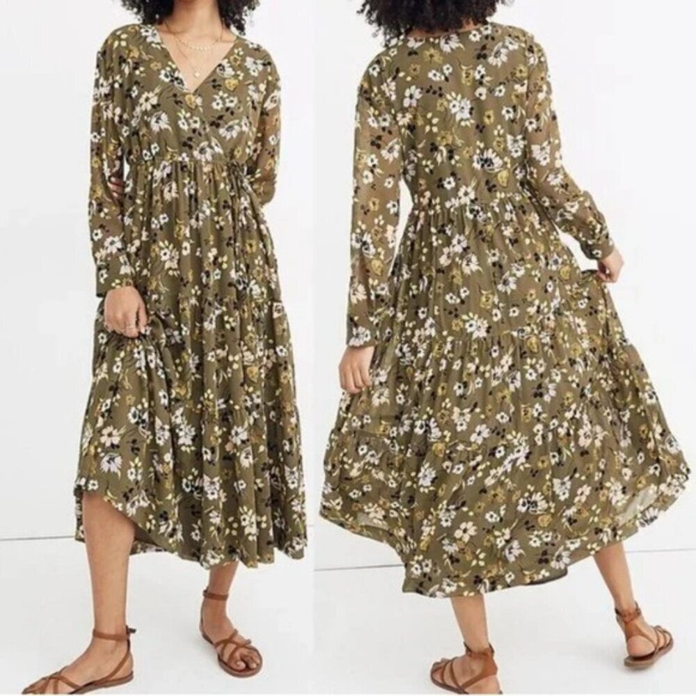 Madewell Floral Long Sleeve maxi Dress Olive women size XL
